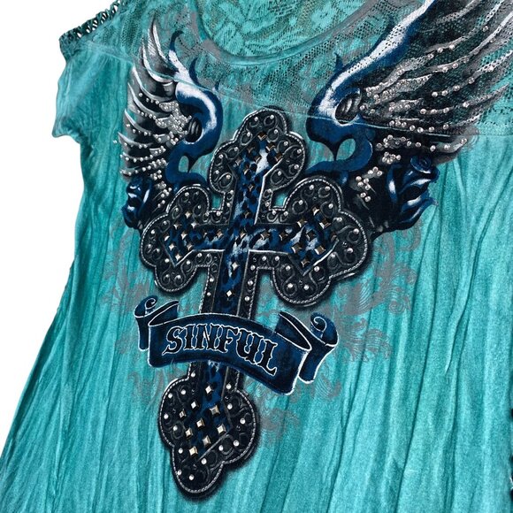 Sinful By Affliction Womens S Lace Tee Distressed Studded Wing Graphic Turquoise - Picture 13 of 16